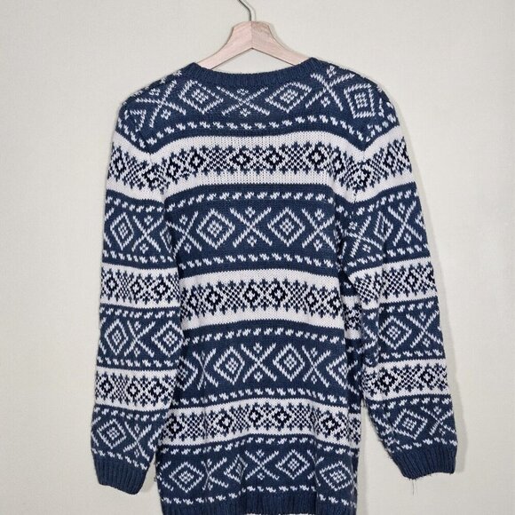 Over Pull Scandinavian Pattern Cardigan Womens L Blue White LS Cottage Lagenlook - Picture 14 of 14